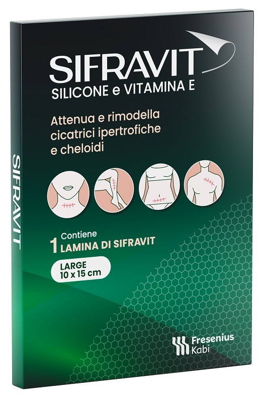 PLACCA IN SILICONE E VITAMINA E SIFRAVIT DIMENSIONI 15X10CM. INDICATA NEL TRATTAMENTO DI CHELOIDI E CICATRICI IPERTROFICHE CONSEGUENTI AD INTERVENTI C HIRURGICI, USTIONI, E FERITE - Doctor Vinz