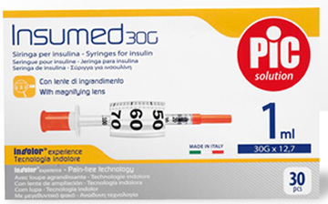 SIRINGA INSULINA PIC INSUMED 1 ML 100 UI AGO GAUGE 30 12,7 MM SENZA SPAZIO MORTO 30 PEZZI - Doctor Vinz