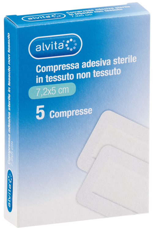 ALVITA GARZA COMPRESSA ADESIVA STERILE IN TESSUTO NON TESSUTO ESTENSIBILE BIANCO 7,2X5CM 5 PEZZI - Doctor Vinz