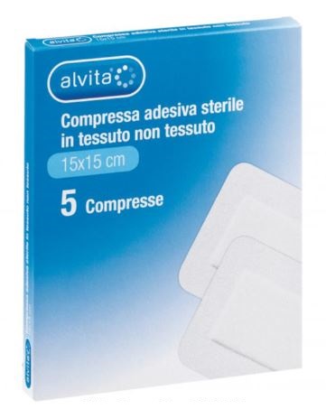 ALVITA GARZA COMPRESSA ADESIVA STERILE IN TESSUTO NON TESSUTO ESTENSIBILE BIANCO 15X15CM 5 PEZZI - Doctor Vinz