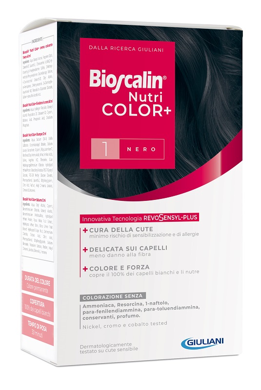 BIOSCALIN NUTRICOLOR PLUS 1 NERO CREMA COLORANTE 40 ML + RIVELATORE CREMA 60 ML + SHAMPOO 12 ML + TRATTAMENTO FINALE BALSAMO 12 ML - Doctor Vinz