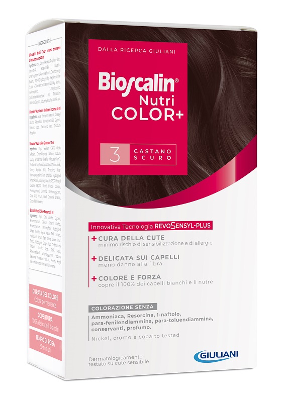 BIOSCALIN NUTRICOLOR PLUS 3 CASTANO SCURO CREMA COLORANTE 40 ML + RIVELATORE CREMA 60 ML + SHAMPOO 12 ML + TRATTAMENTO FINALE BALSAMO 12 ML - Doctor Vinz