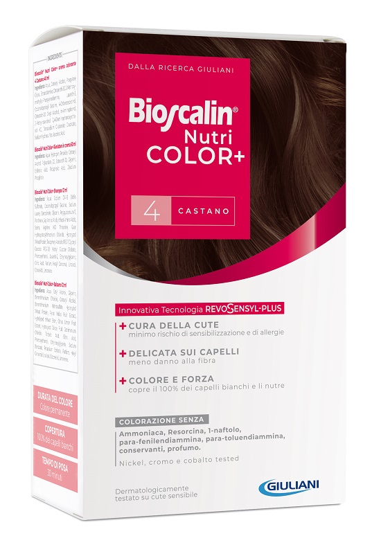 BIOSCALIN NUTRICOLOR PLUS 4 CASTANO CREMA COLORANTE 40 ML + RIVELATORE CREMA 60 ML + SHAMPOO 12 ML + TRATTAMENTO FINALE BALSAMO 12 ML - Doctor Vinz