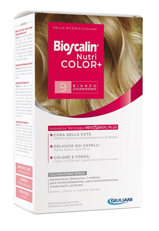 BIOSCALIN NUTRICOLOR PLUS 9 BIONDO CHIARISSIMO CREMA COLORANTE 40 ML + RIVELATORE CREMA 60 ML + SHAMPOO 12 ML + TRATTAMENTO FINALE BALSAMO 12 ML - Doctor Vinz