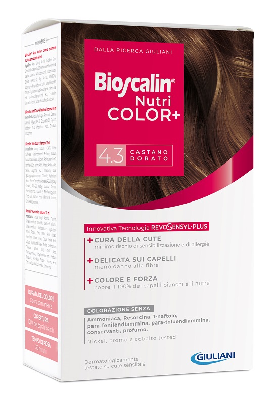 BIOSCALIN NUTRICOLOR PLUS 4,3 CASTANO DORATO CREMA COLORANTE 40 ML + RIVELATORE CREMA 60 ML + SHAMPOO 12 ML + TRATTAMENTO FINALE BALSAMO 12 ML - Doctor Vinz