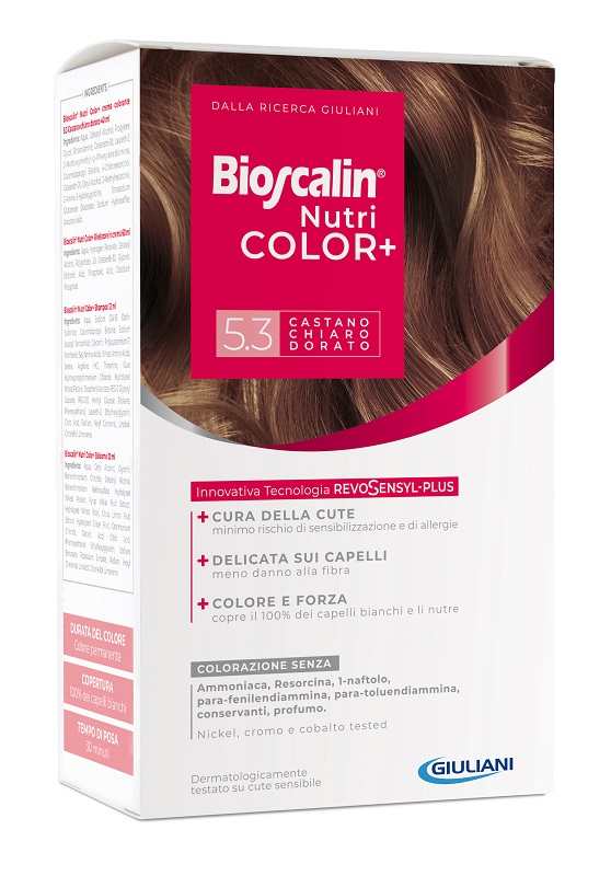 BIOSCALIN NUTRICOLOR PLUS 5,3 CASTANO CHIARO DORATO CREMA COLORANTE 40 ML + RIVELATORE CREMA 60 ML + SHAMPOO 12 ML + TRATTAMENTO FINALE BALSAMO 12 ML - Doctor Vinz