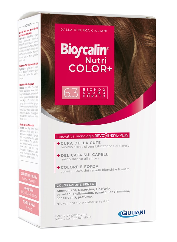 BIOSCALIN NUTRICOLOR PLUS 6,3 BIONDO SCURO DORATO CREMA COLORANTE 40 ML + RIVELATORE CREMA 60 ML + SHAMPOO 12 ML + TRATTAMENTO FINALE BALSAMO 12 ML - Doctor Vinz