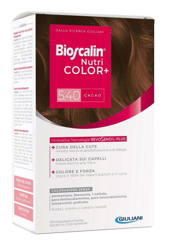 BIOSCALIN NUTRICOLOR PLUS 5,40 CACAO CREMA COLORANTE 40 ML + RIVELATORE CREMA 60 ML + SHAMPOO 12 ML + TRATTAMENTO FINALE BALSAMO 12 ML - Doctor Vinz