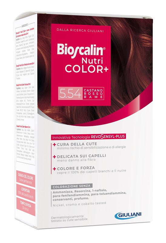 BIOSCALIN NUTRICOLOR PLUS 5,54 CASTANO ROSSO RAME CREMA COLORANTE 40 ML + RIVELATORE CREMA 60 ML + SHAMPOO 12 ML + TRATTAMENTO FINALE BALSAMO 12 ML - Doctor Vinz