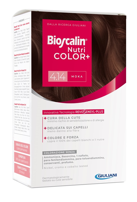 BIOSCALIN NUTRICOLOR PLUS 4,14 MOKA CREMA COLORANTE 40 ML + RIVELATORE CREMA 60 ML + SHAMPOO 12 ML + TRATTAMENTO FINALE BALSAMO 12 ML - Doctor Vinz